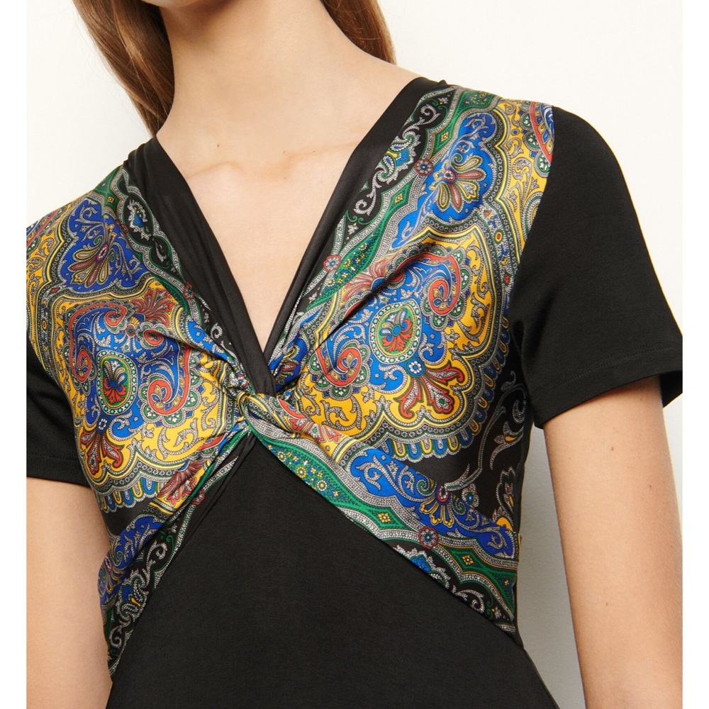 SANDRO Rabba Printed Satin Twill paneled Jersey Midi Dress Black size 6 $695 - Picture 5 of 16